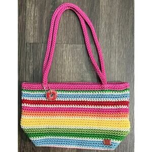 The Sak Small Crocheted Pink Multicolor Stripe Purse Double Straps